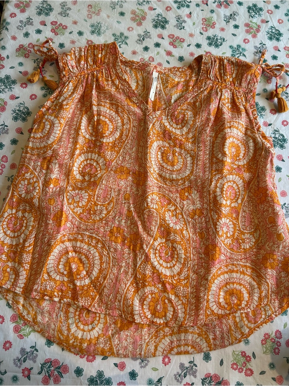 Anthropologie Orange Paisley Tie-Shoulder Peasant Top